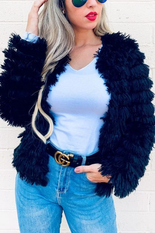 Great Deal Surprise Entrance Fur Fringe Cardigan (Black)
