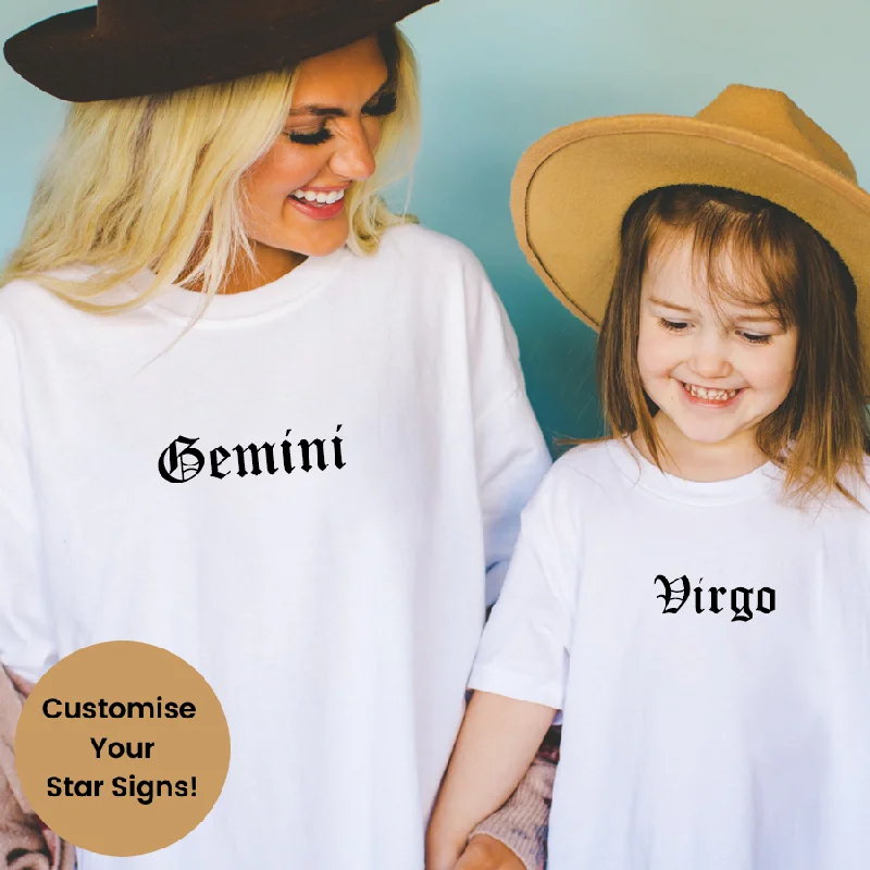 Low Cost Star Signs Personalised Adult & Kid Matching White T-Shirts
