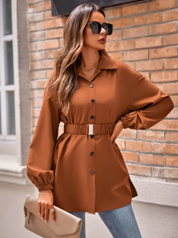 Flash Deals Women's Elegant Longer Length Shirt With Ruched Buckle Belt