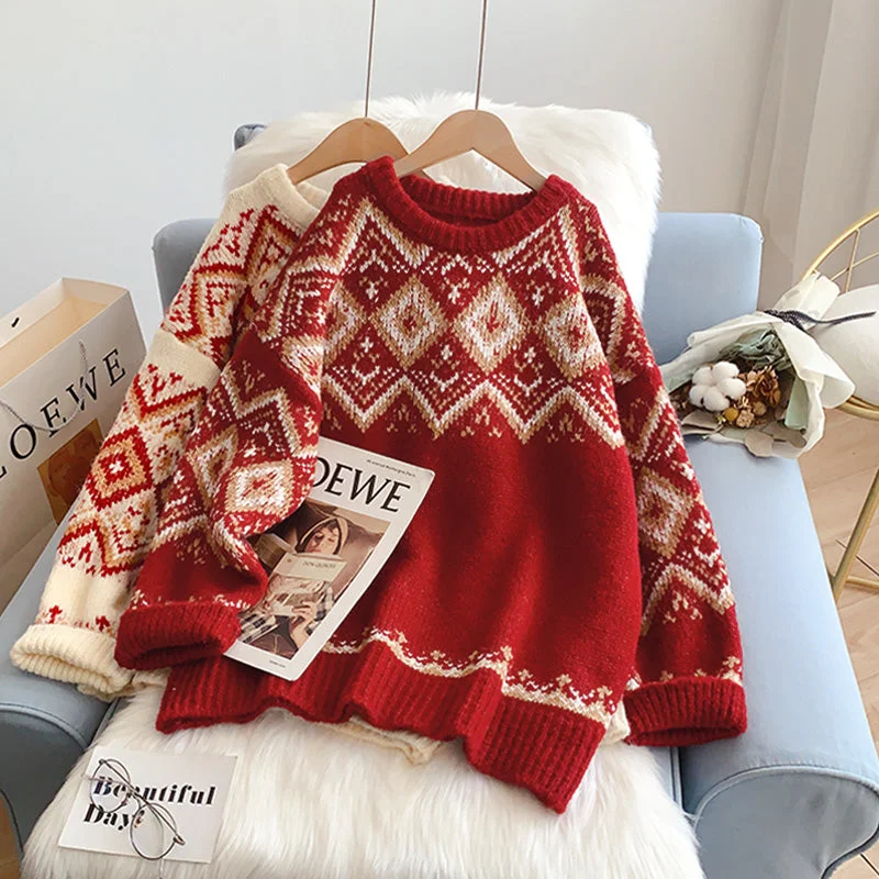 Quick Sale Vintage Lingge lazy wind Red Christmas Sweater  4970