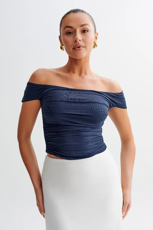 Weekend Discounts to Delight Piper Ruched Off Shoulder Top - Navy
