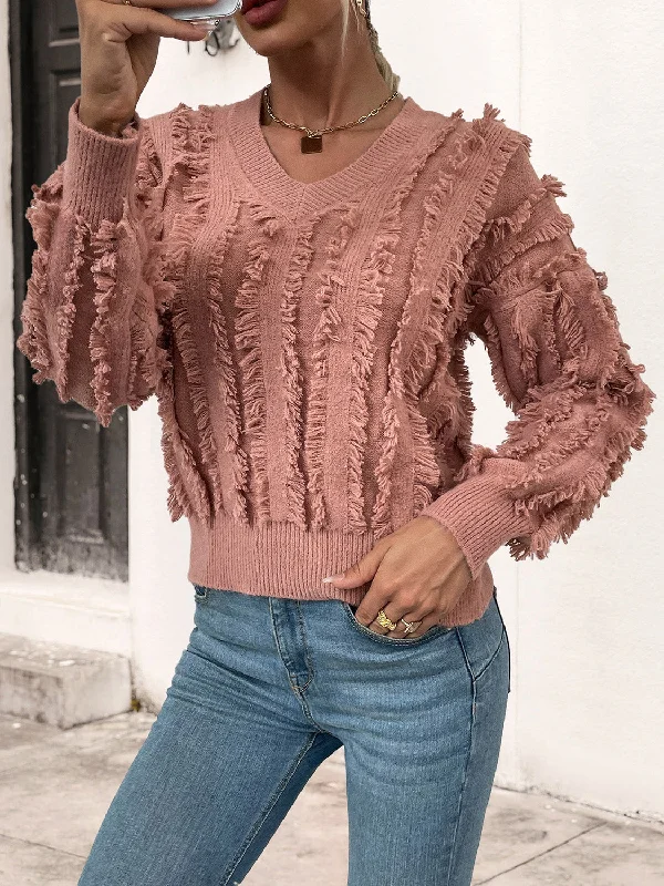 Weekend Discounts to Delight Frill Trim V-Neck Sweater