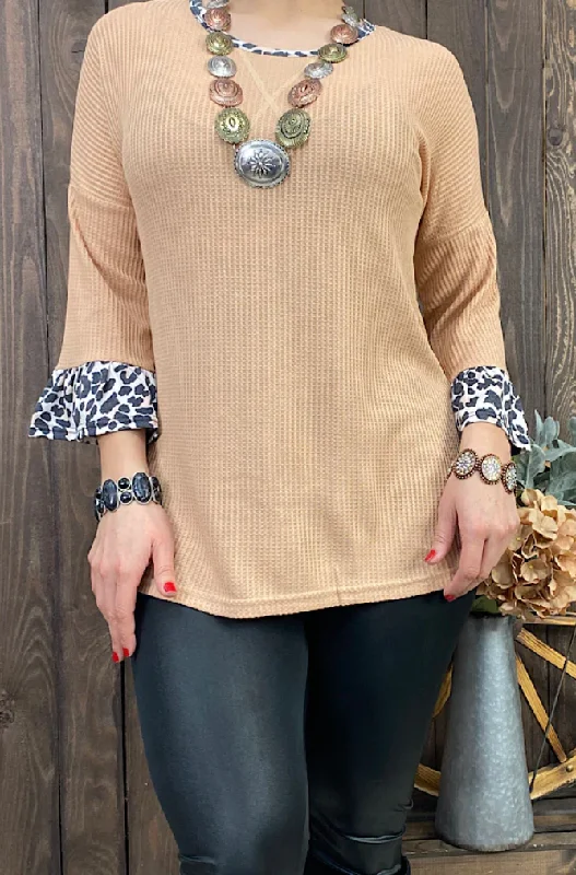 Weekend Offers You Can't Ignore Beige Waffle Top with Leopard Sleeve