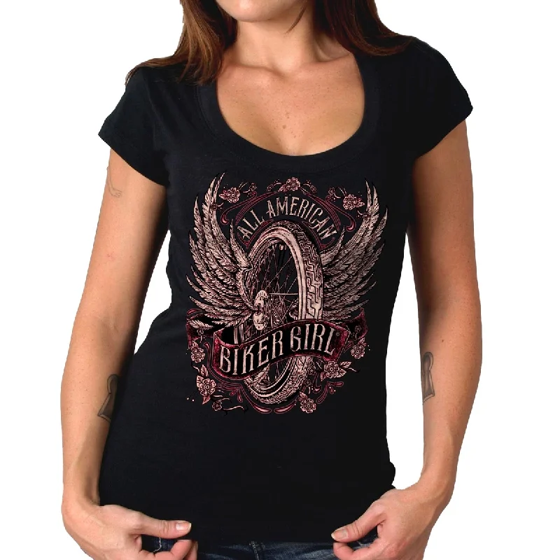 Weekend Savings Fiesta Hot Leathers GLC1518 Women's Black All American Biker Girl Scoop Neck Printed T-Shirt Weekend Savings Fiesta Hot Leathers GLC1518 Women's Black All American Biker Girl Scoop Neck Printed T-Shirt
