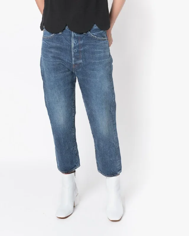 New Arrival Selvedge Denim Wide Tapered Cut Jeans in Medium Distress