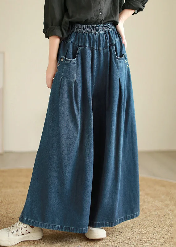 Midnight Madness Loose Blue Pockets Elastic Waist Patchwork Denim Pants Fall