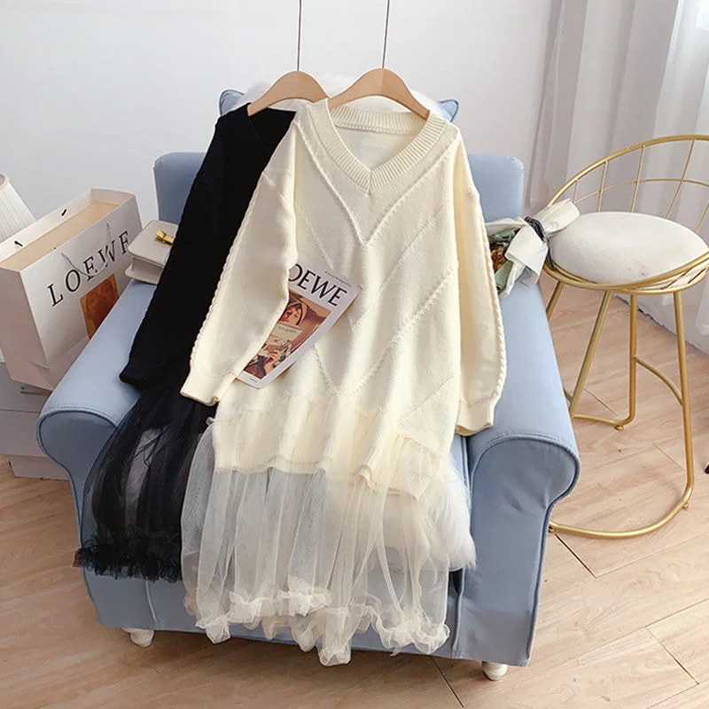 Instant Savings Mesh stitched loose long wool dress  4941