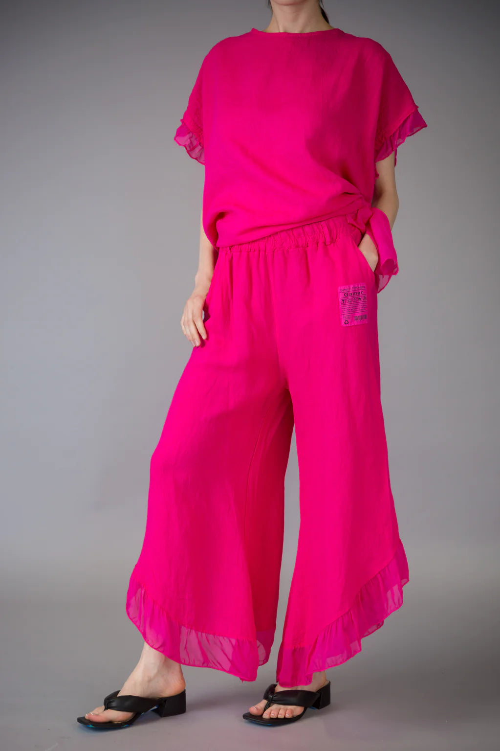 Weekend Specials to Cherish Paolo Tricot Sale, D60029 Ruffle Linen Pant 50% Off Regular Price