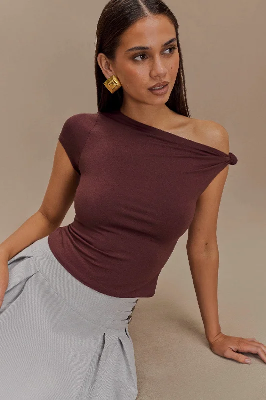 Stock Up Betty Short Sleeve Modal Top With Knot Shoulder - Mahogany