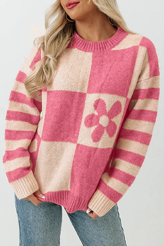 One-DAY Sale Brown Checkered and Striped Knitted Pullover Sweater