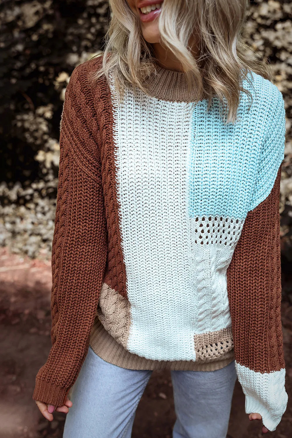 Take Advantage Color Block Round Neck Long Sleeve Sweater