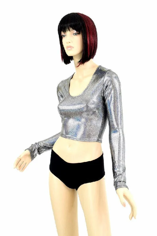 Closeout Deal Silver Holographic Long Sleeve Crop