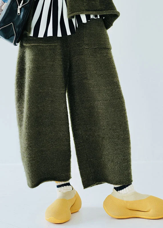 Time-Limited Offer Simple Blackish Green Elastic Waist Cotton Knit Wide Leg Pants