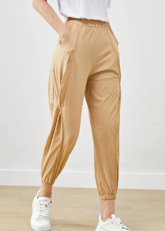 Don't Miss Out Khaki Cotton Pants Trousers Elastic Waist Pockets Fall