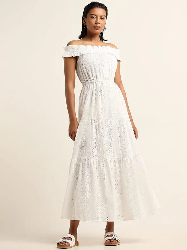 Great Bargain LOV White Schiffli Design Cotton Off-Shoulder Dress