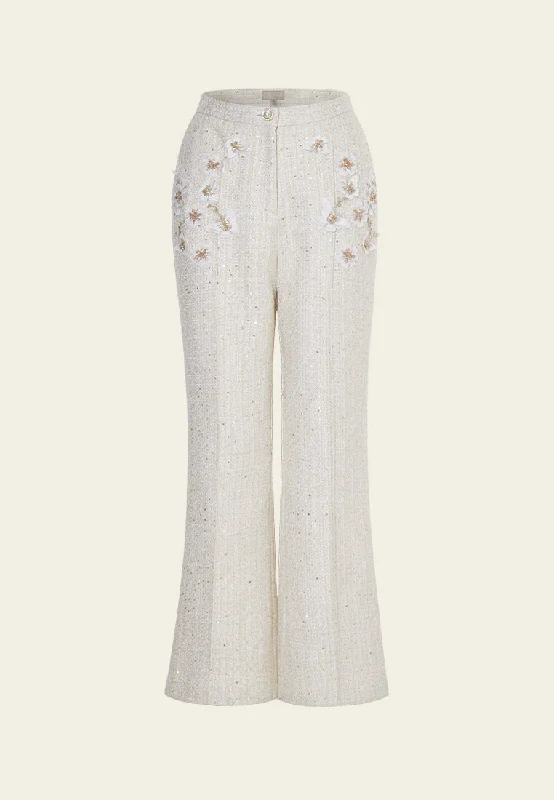 Quick Sale High-waist Flared Slim-fit Cream White Floral-detail Trousers