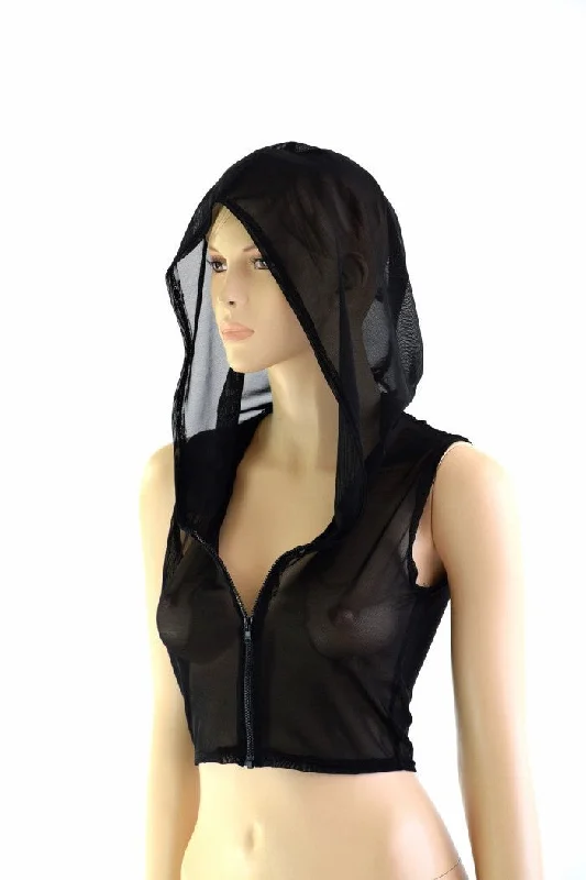 Year-End Sale Sleeveless Zipper Mesh Crop Hoodie