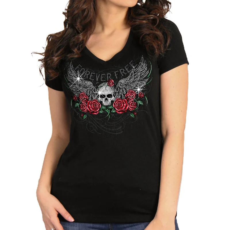 Unmissable Offer Hot Leathers GLR1575 Women's Black Short Sleeve Skull Wing Roses T-Shirt