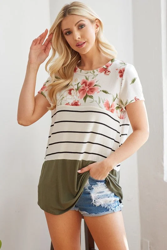 Clearance Event Olive Floral Color Block Top