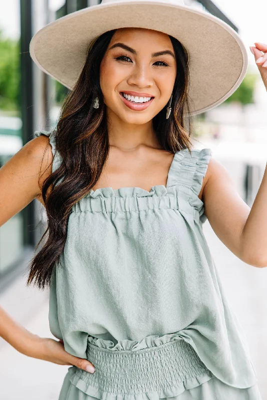 Seasonal Clearance Keep You Around Dusty Sage Green Ruffled Tank