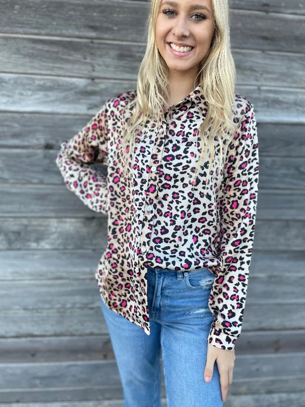 Weekend Offers That Tempt Pink & Cheetah Satin Button Up