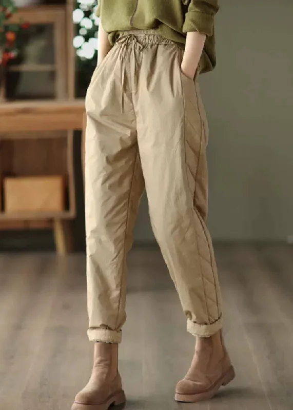 Today's Deal Khaki Pockets Patchwork Fine Cotton Filled Pants Elastic Waist Winter