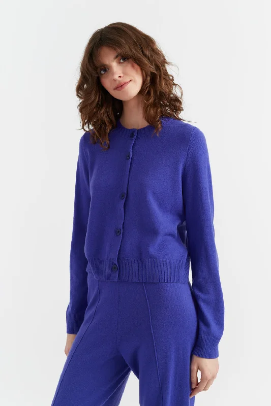 YEAR-End Sale Blue-Violet Wool-Cashmere Crew Neck Cardigan