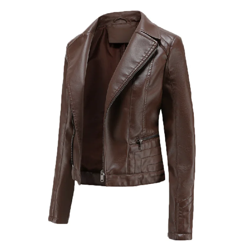 One-Day Only Womens Fashion Lapel Spring And Autumn Washed PU Leather Jacket