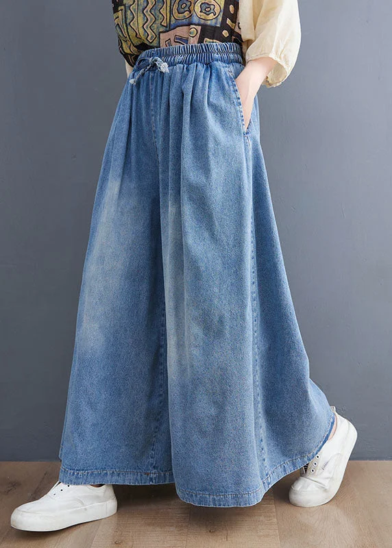 Limited Time Discount Loose Denim Blue Pockets Elastic Waist Tie Waist Wide Leg Pants Fall