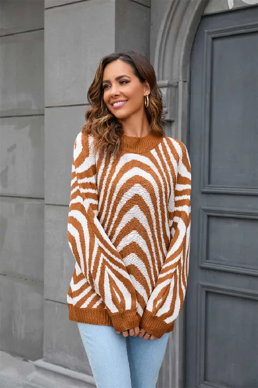 Hurry In Printed Round Neck Long Sleeve Pullover Sweater