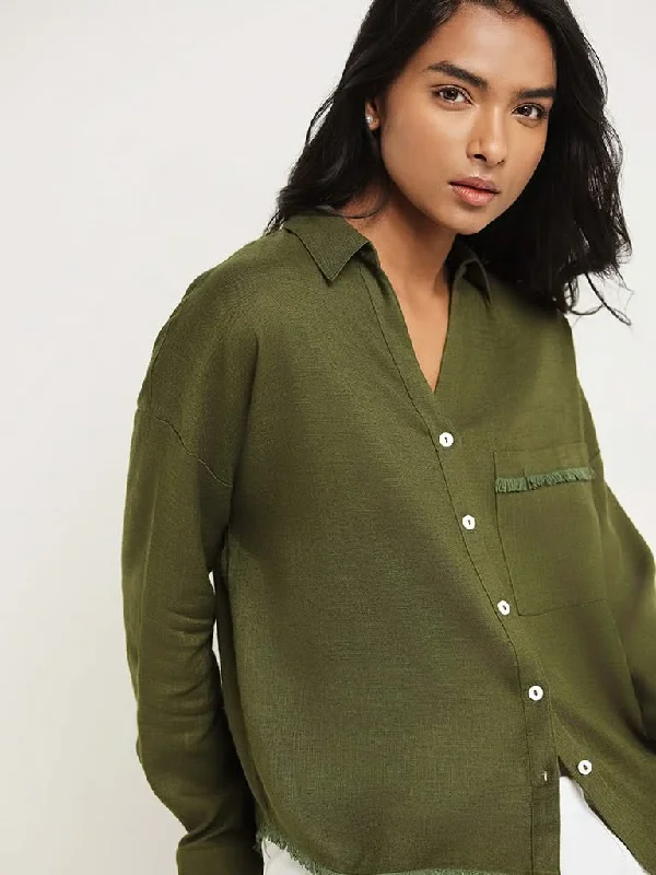 Price Cut LOV Green Blended Linen Shirt