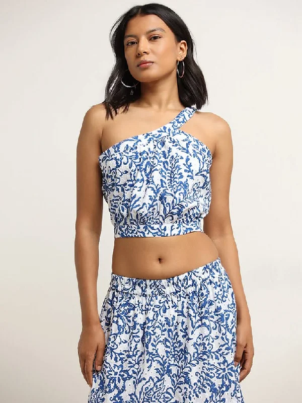 Midnight Sale LOV Blue Schiffli Cotton One-Shoulder Top