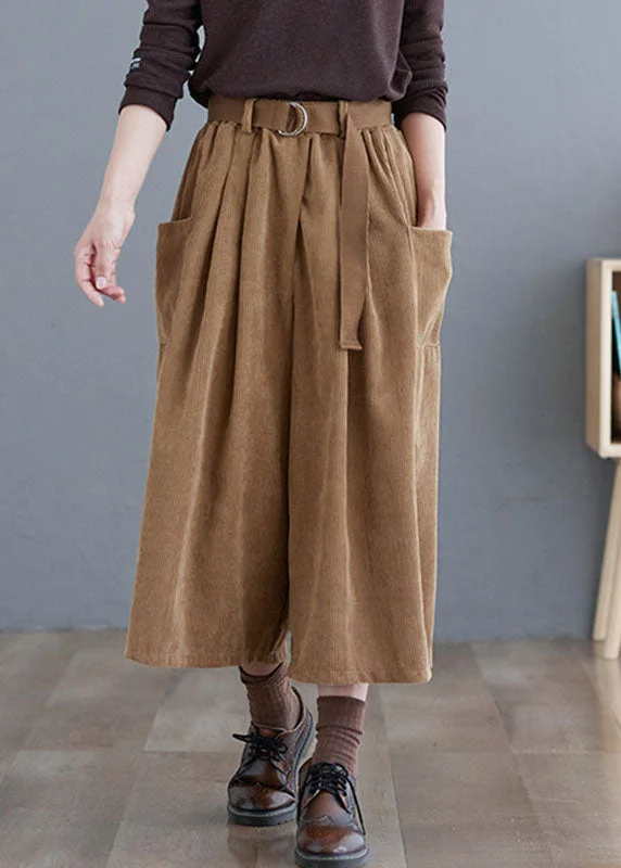 Price Fest Plus Size Khaki Sashes Corduroy Crop Wide Leg Pants
