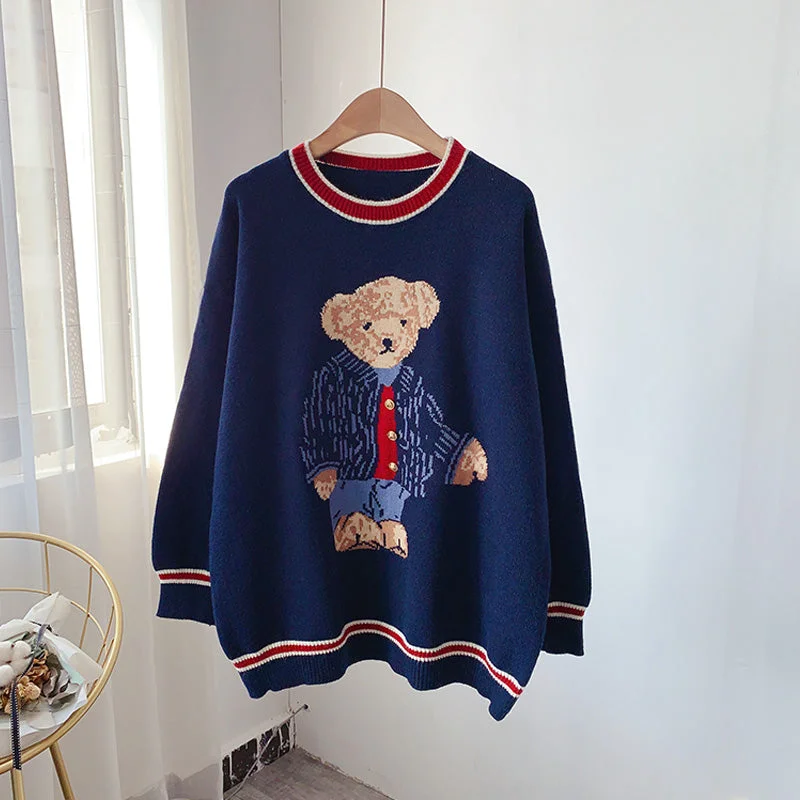 Don't Wait College style cute cartoon bear sweater round neck Pullover  4935