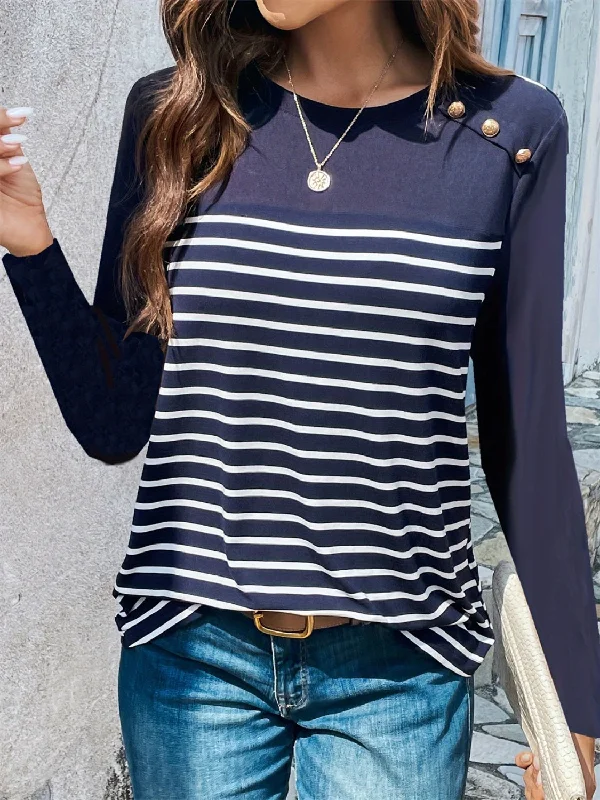 Pay Less Decorative Button Striped Round Neck Long Sleeve T-Shirt