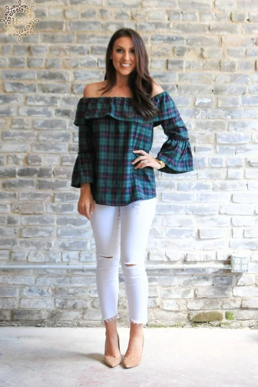 Weekend Offers That Excite L&B Green Plaid Off The Shoulder Top (3XL)