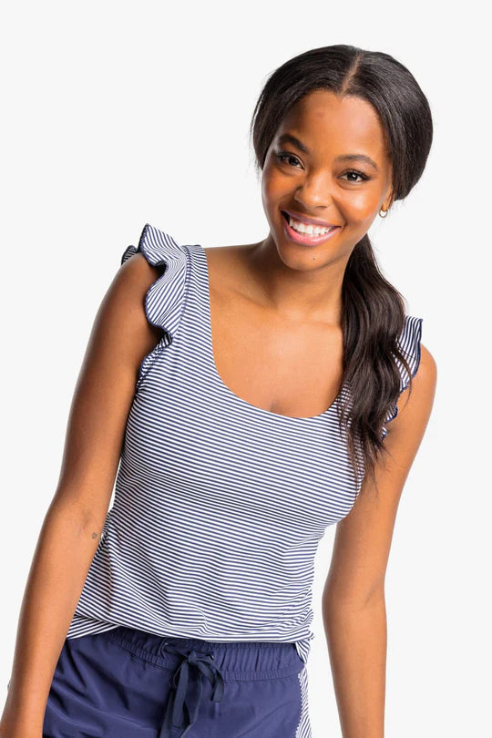 Grand Opening Sale Southern Tide Lisi Stripe Active Ruffle Tank - Navy