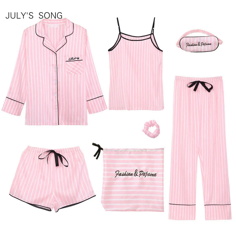 New Deals JULY'S SONG Pink Women's 7 Pieces Pajamas Sets Emulation Silk Striped Pyjama Women Sleepwear Sets Spring Summer Autumn Homewear