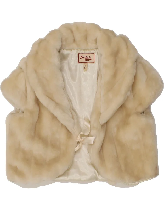 YEAR-End Clearance VINTAGE Womens Short Sleeve Faux Fur Bolero Jacket UK 10 Small Beige