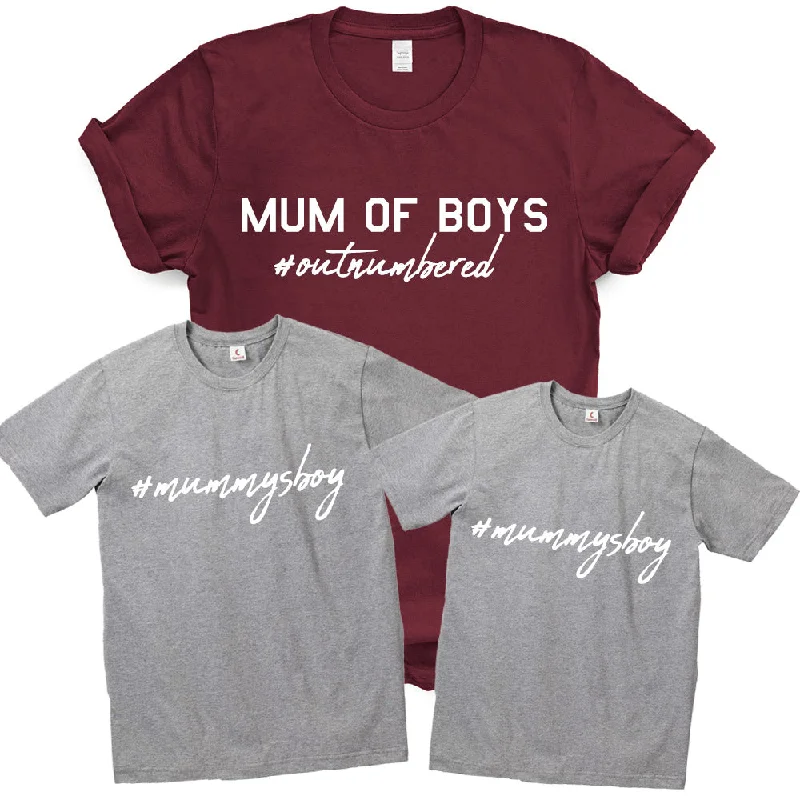 Exclusive Deal Mum Of Boys #Outnumbered Matching T-Shirts Maroon/Grey