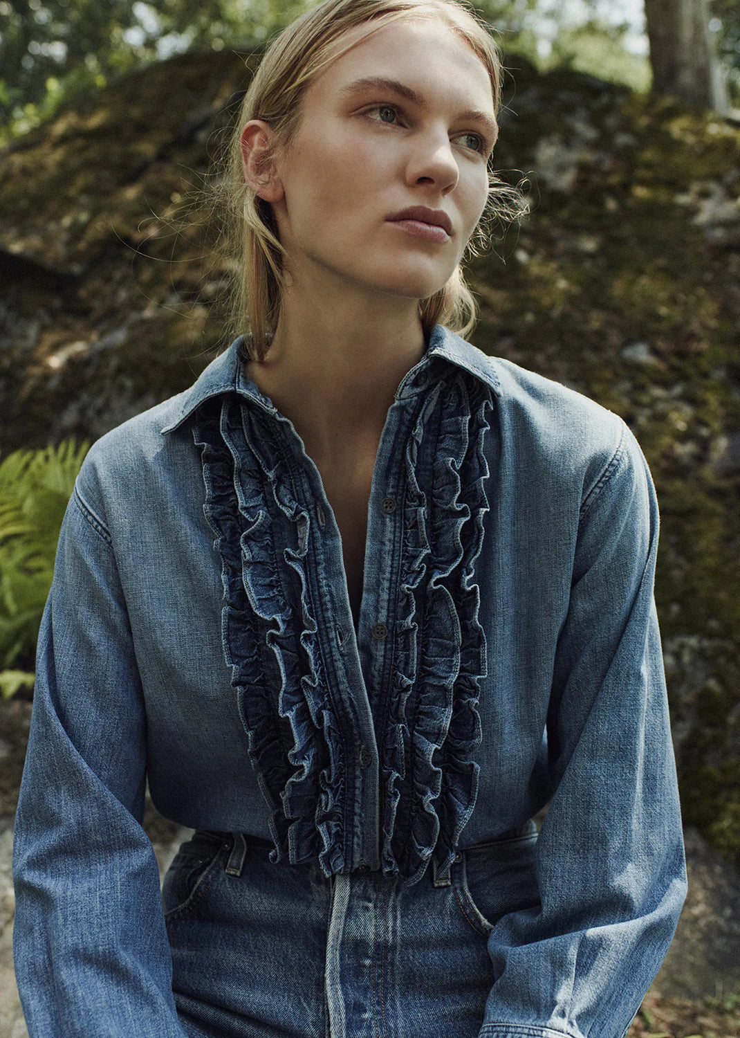 Weekend Savings Spree Ruffle Tuxedo Shirt in Alta