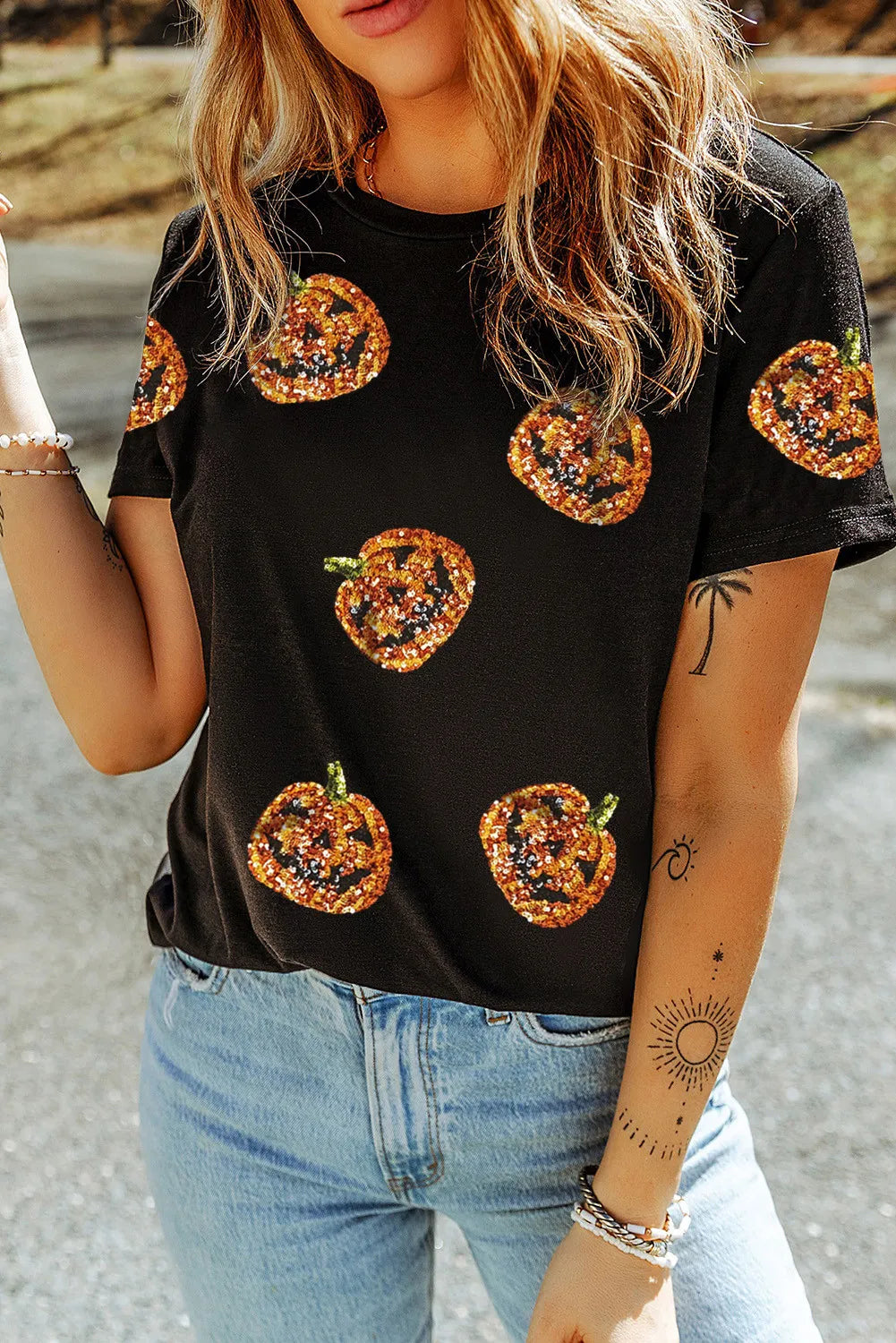 Best Seller Sequin Pumpkin Round Neck Short Sleeve T-Shirt