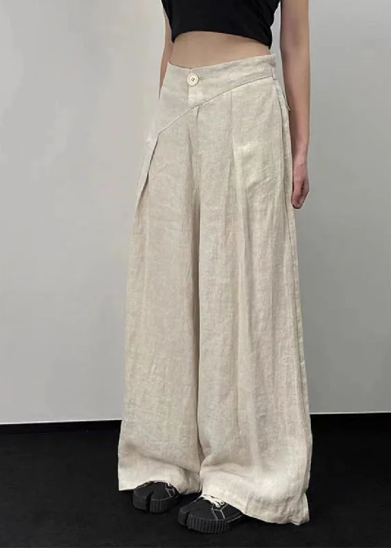 Instant Discount Original Design Apricot Pockets Patchwork Linen Wide Leg Pants Fall