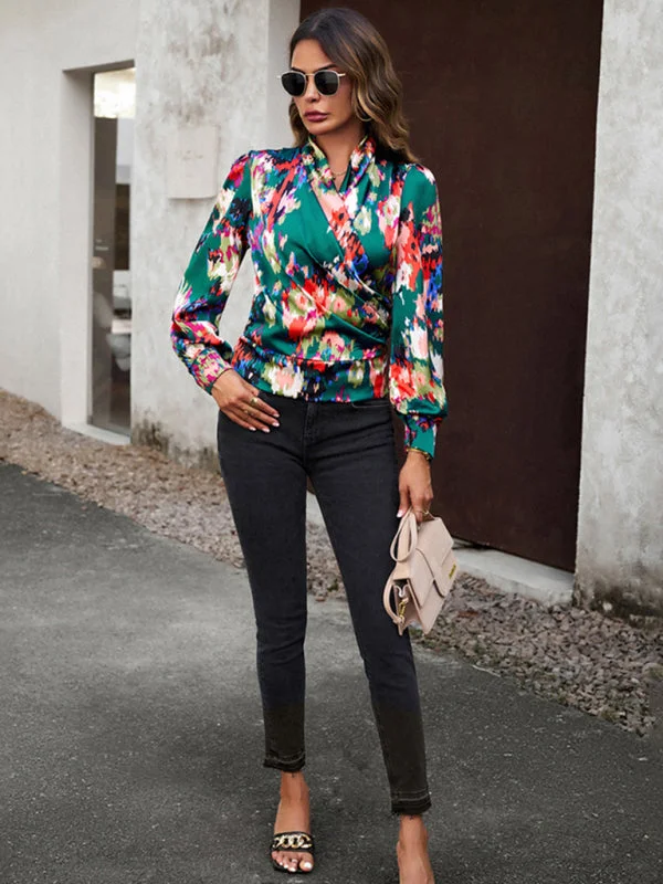 Epic Value Women's Colourful Print Wrap Satin Long Sleeve Top