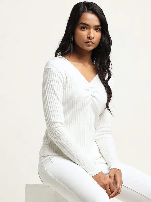 Mega Discount LOV White Ribbed V Neck Top