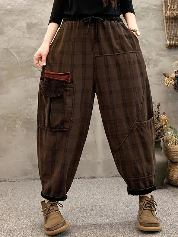 Early Access Plus Size Women Vintage Plaid Pocket Fleece-Lined Pants