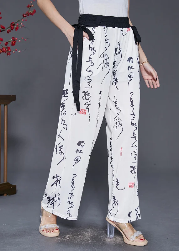Extra Savings Simple White Elastic Waist Print Chiffon Straight Pants Fall