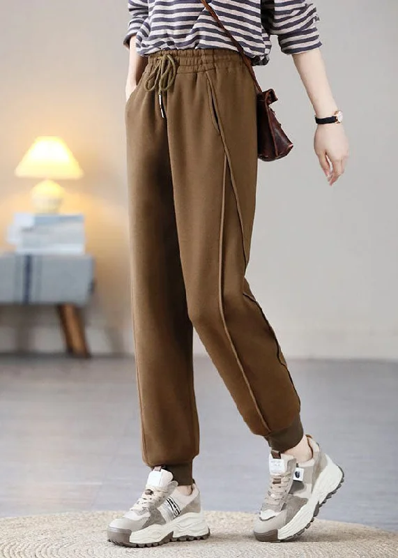 Weekend Bargains to Indulge In Casual Coffee Elastic Waist Patchwork Drawstring Warm Fleece Pants Trousers Spring