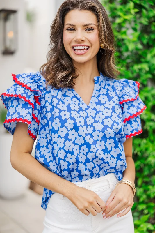 Must-Have Deals Waiting For You Blue Floral Rickrack Blouse