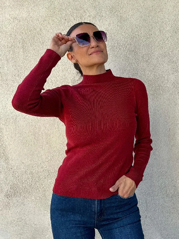 Top Pick Dark Red Ribbed Mock Knit Long Sleeve